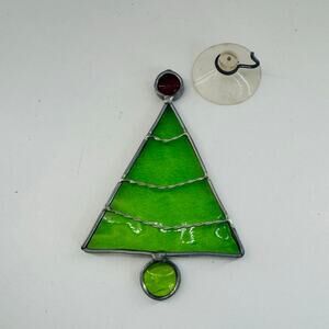 Vintage Stained Glass SunCatcher Window Green Metal Christmas Tree 5”
